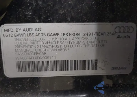 2013 Audi A4 2.0T Premium z USA, uszkodzony, nr VIN WAUBFAFL6DN006714